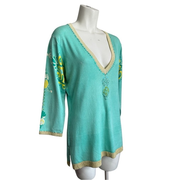 Y2K Charlotte Tarantola Aqua Silk Beaded Sequined V-Neck Tunic Women's Large - Picture 1 of 13